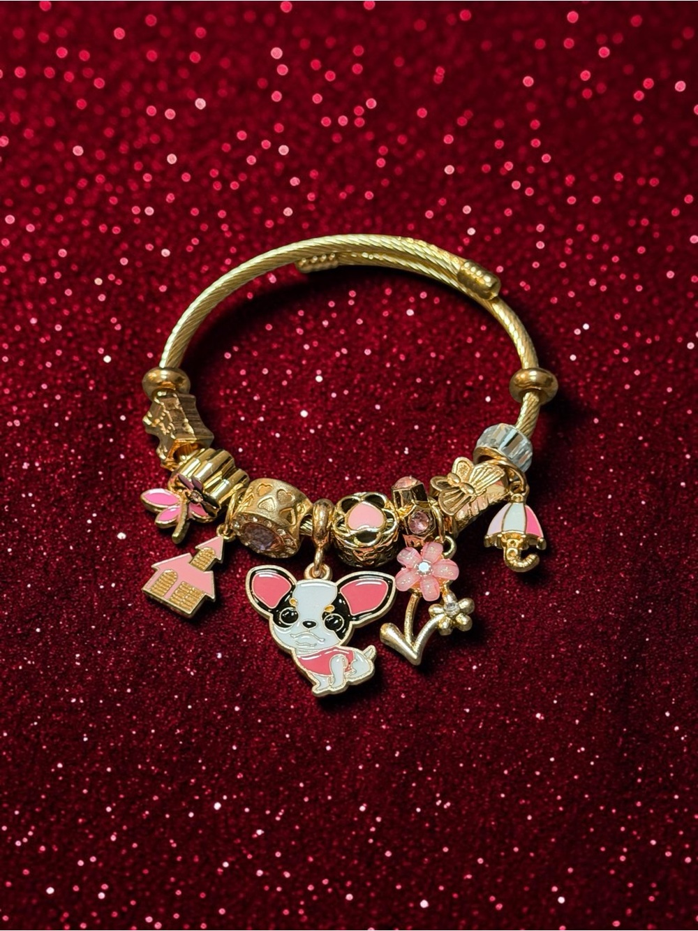 Gold Tone Pink Enamel Charm Twisted Bangle with Dog Pendant